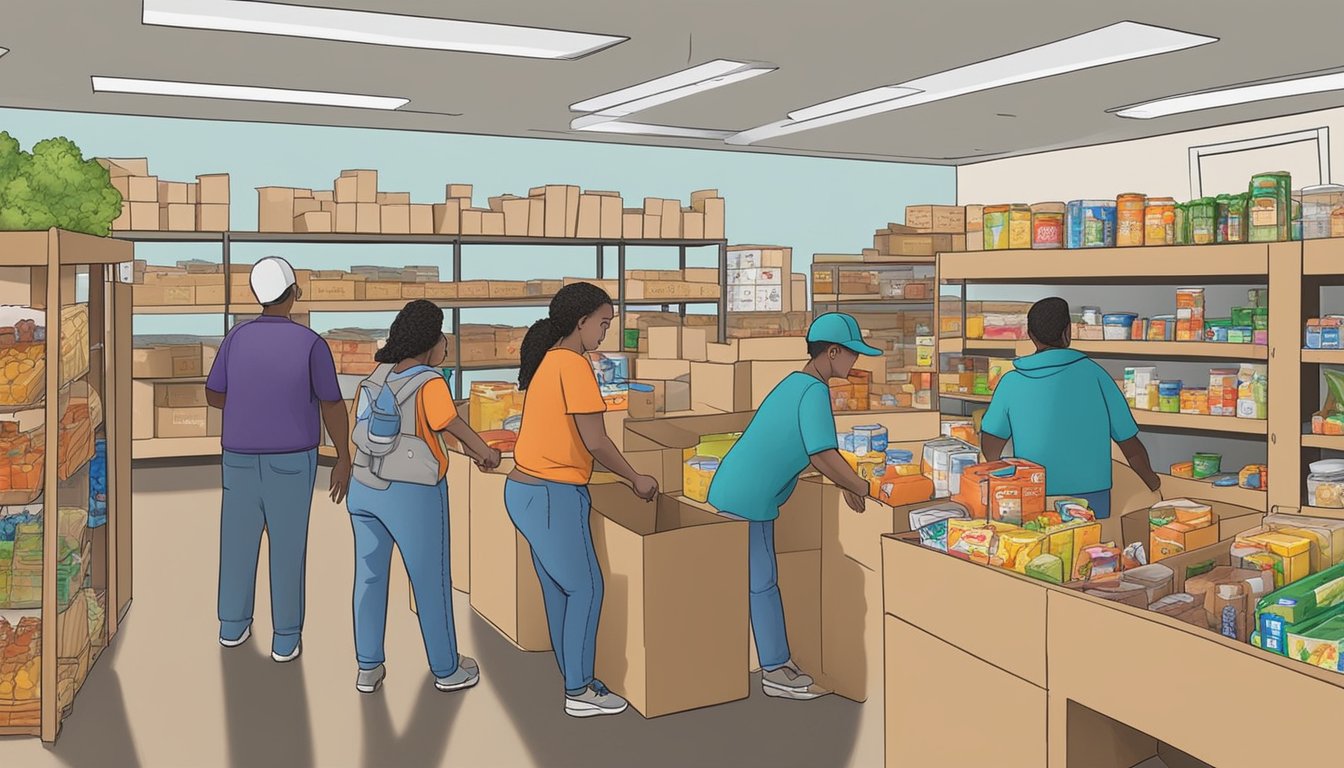 A bustling food pantry in Young County, Texas, with volunteers distributing free groceries to those in need