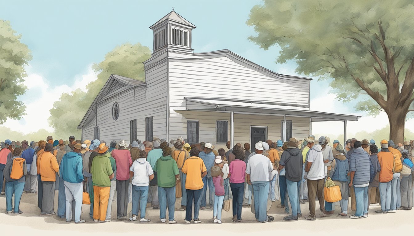 A line of people waiting outside a church and non-profit building in Titus County, Texas, receiving free groceries and food aid from volunteers