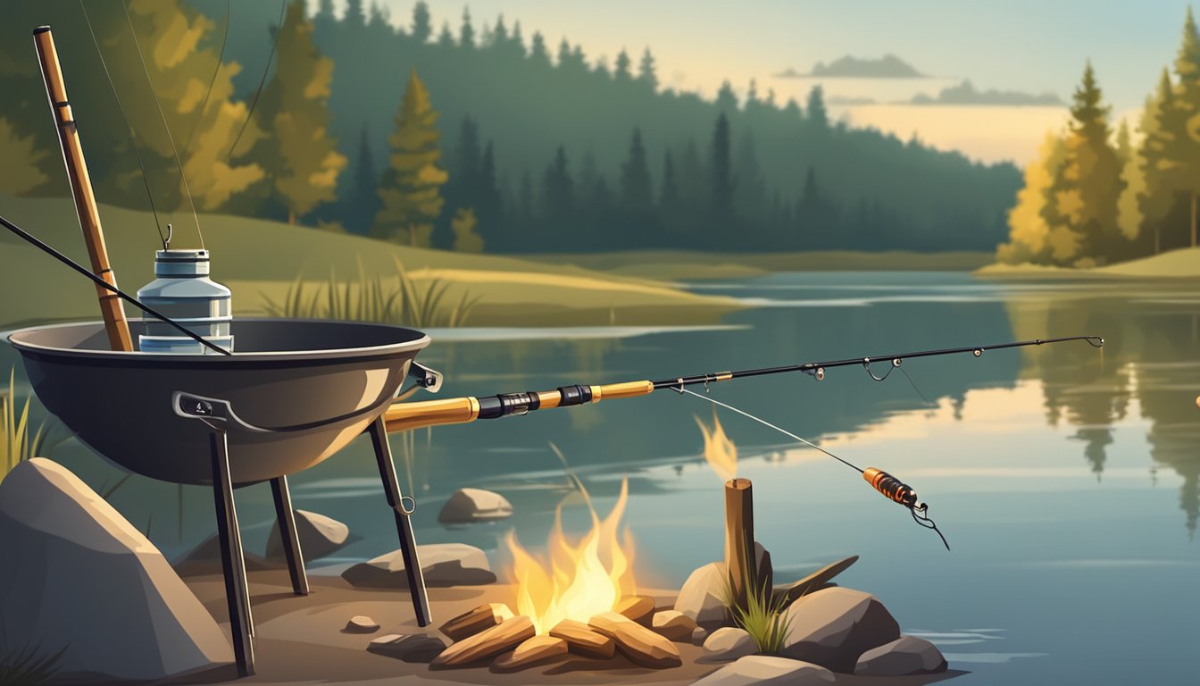 A fishing rod is set up on the riverbank with bait and tackle ready to catch bullhead. A small fire pit is prepared for cooking the fish