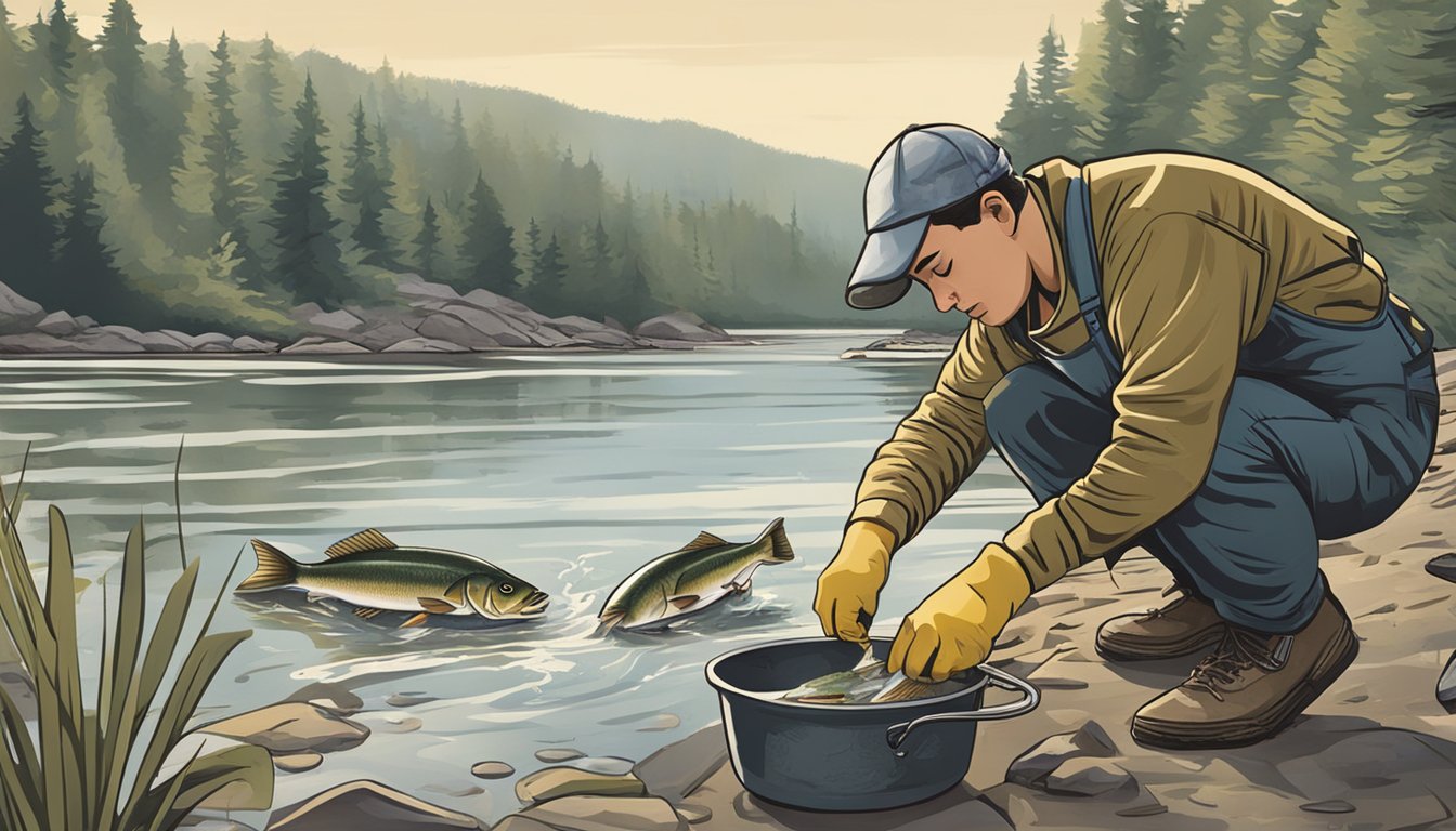 A person cleaning and cooking a freshly caught bullhead fish by a river