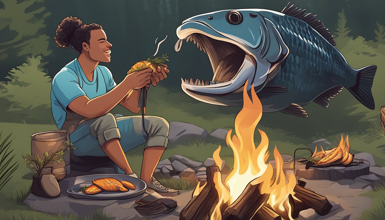 A person grilling and eating a bullhead fish by a campfire