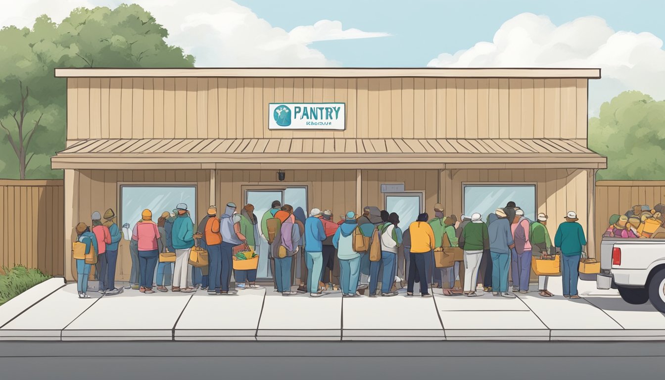 A line of people waits outside a food pantry in Tom Green County, Texas. Volunteers hand out free groceries to those in need