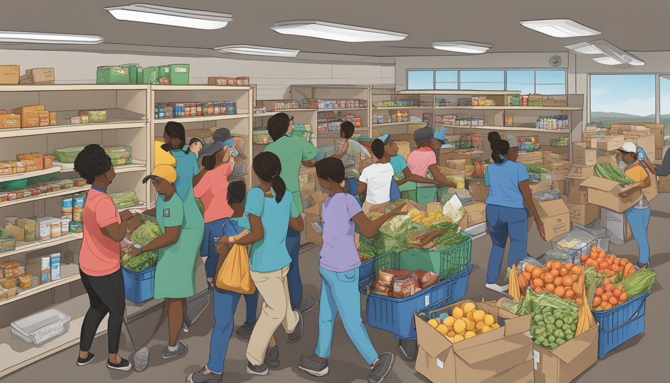 A bustling food pantry in Zavala County, Texas, with volunteers distributing free groceries to those in need