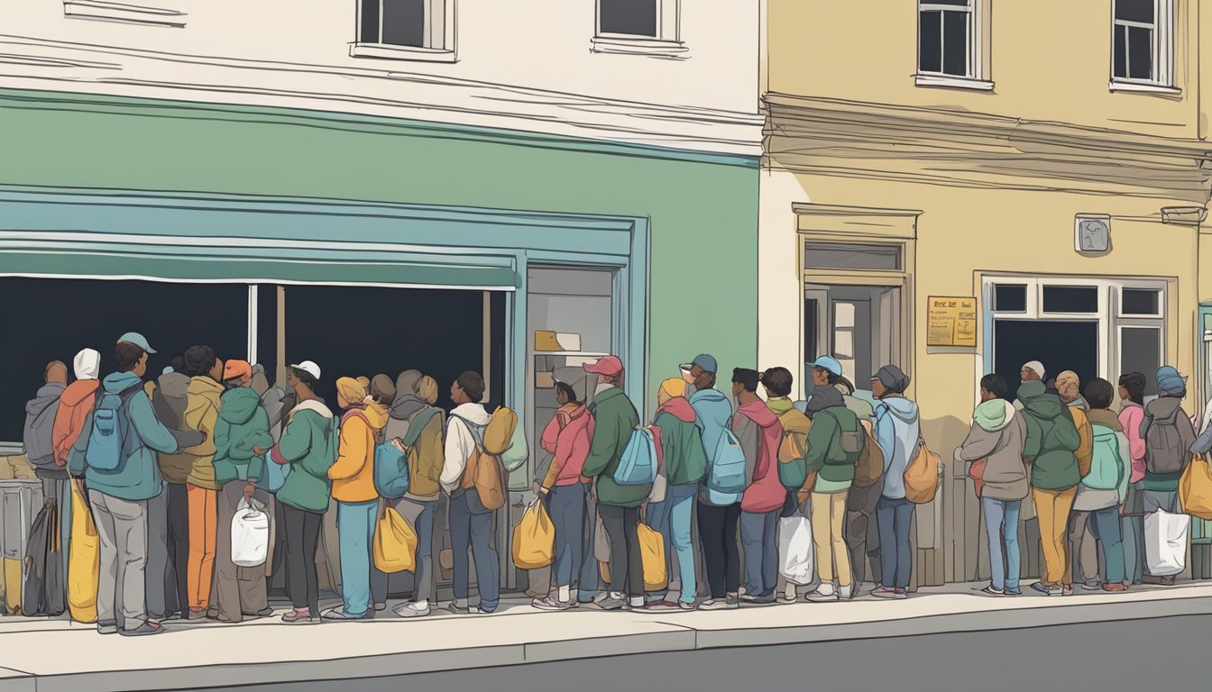 A line of people waits outside a small building, where volunteers hand out bags of groceries and canned goods