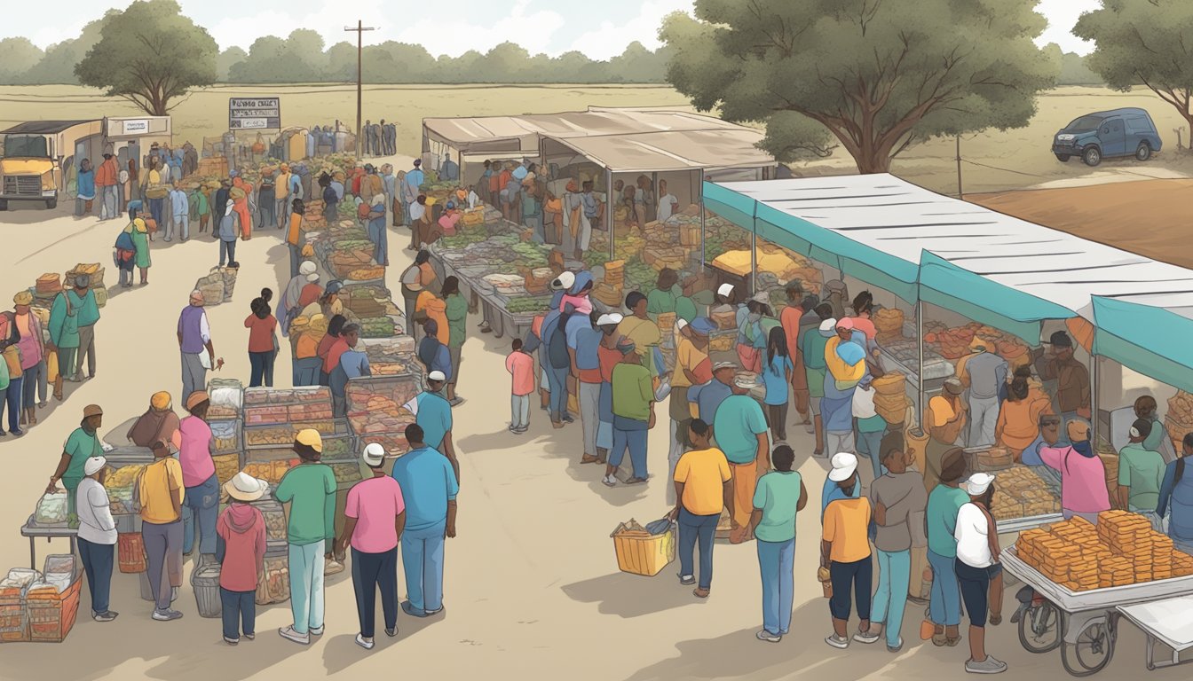 A bustling food distribution event in Zavala County, Texas, with volunteers handing out free groceries and people in need lining up for assistance