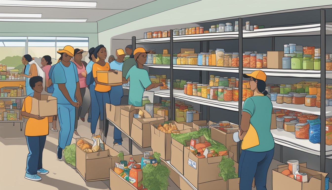 A bustling food pantry in Zavala County, Texas, with volunteers distributing free groceries to those in need