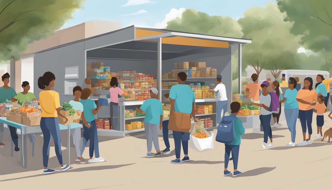 A bustling food pantry in Tom Green County, Texas, with volunteers distributing free groceries to families in need