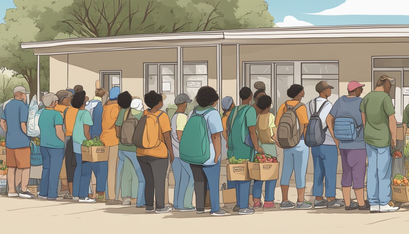 A line of people waiting outside a food pantry in Tom Green County, Texas, with volunteers handing out bags of groceries