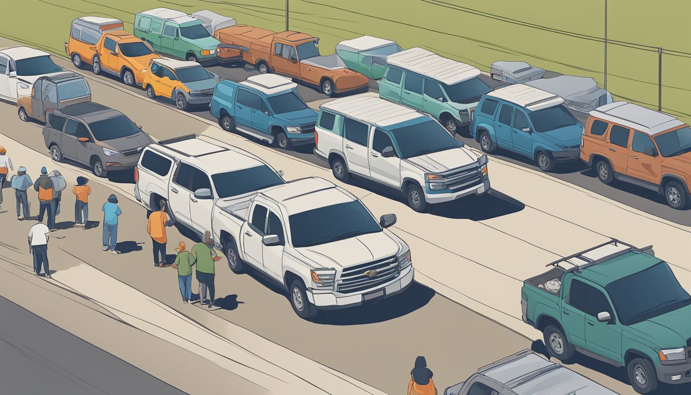 A line of cars waits at a drive-up food distribution site in Tom Green County, Texas. Volunteers hand out bags of groceries and supplies