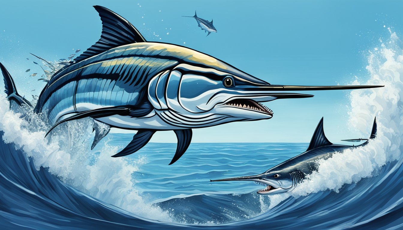 A blue marlin being caught and eaten by a predator in the ocean