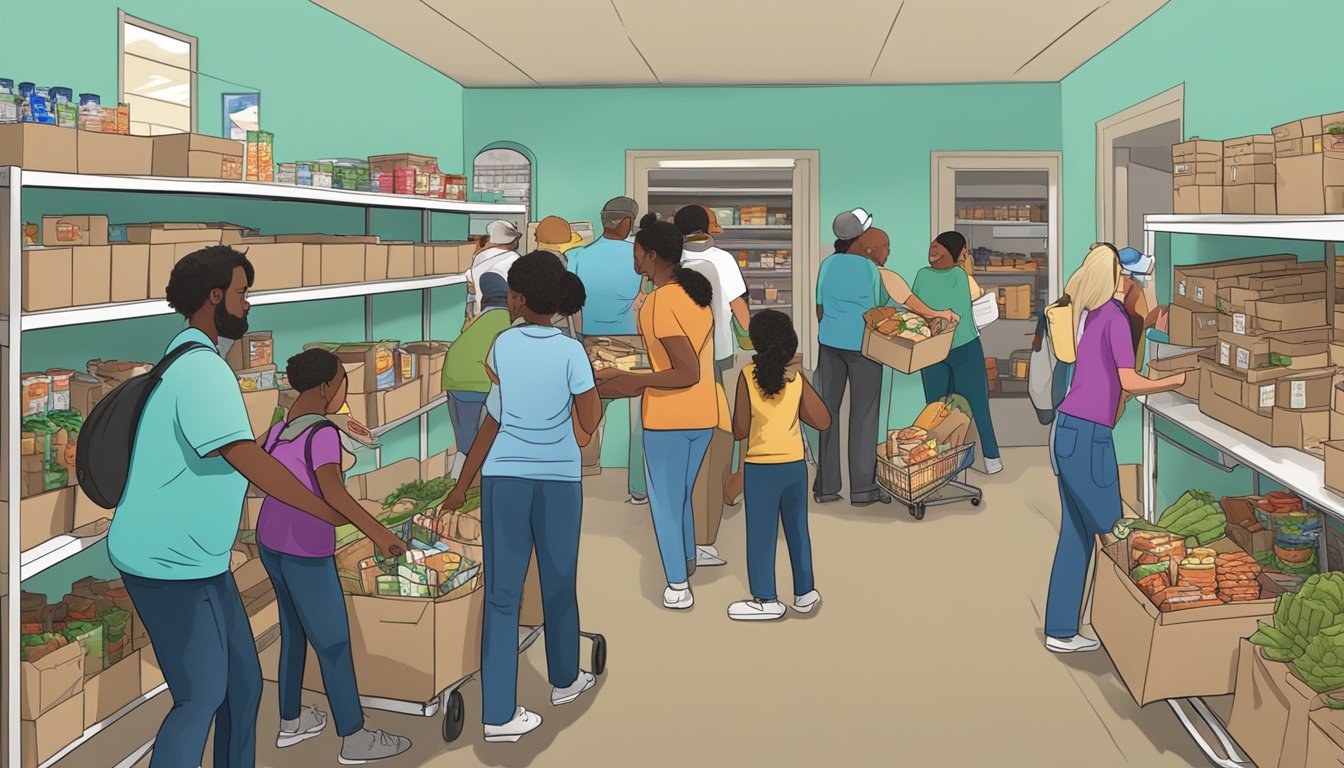 A bustling food pantry in Tom Green County, Texas, with volunteers distributing free groceries to those in need