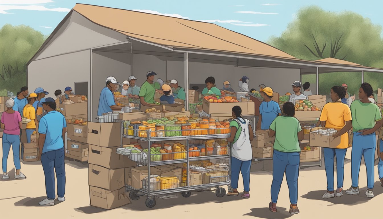 A bustling food pantry in Tom Green County, Texas, with volunteers distributing free groceries to seasonal and migrant workers in need