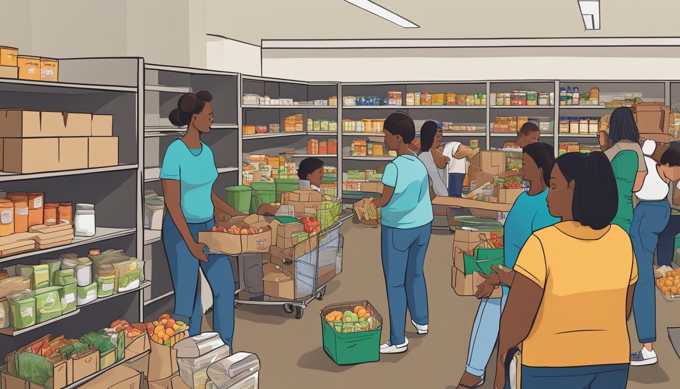 A bustling food pantry in Tom Green County, Texas, with volunteers distributing free groceries to those in need