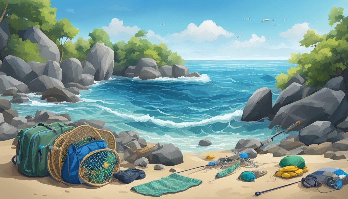 A rocky shoreline with fishing gear laid out, surrounded by crashing waves and a school of omilu swimming in the clear blue water