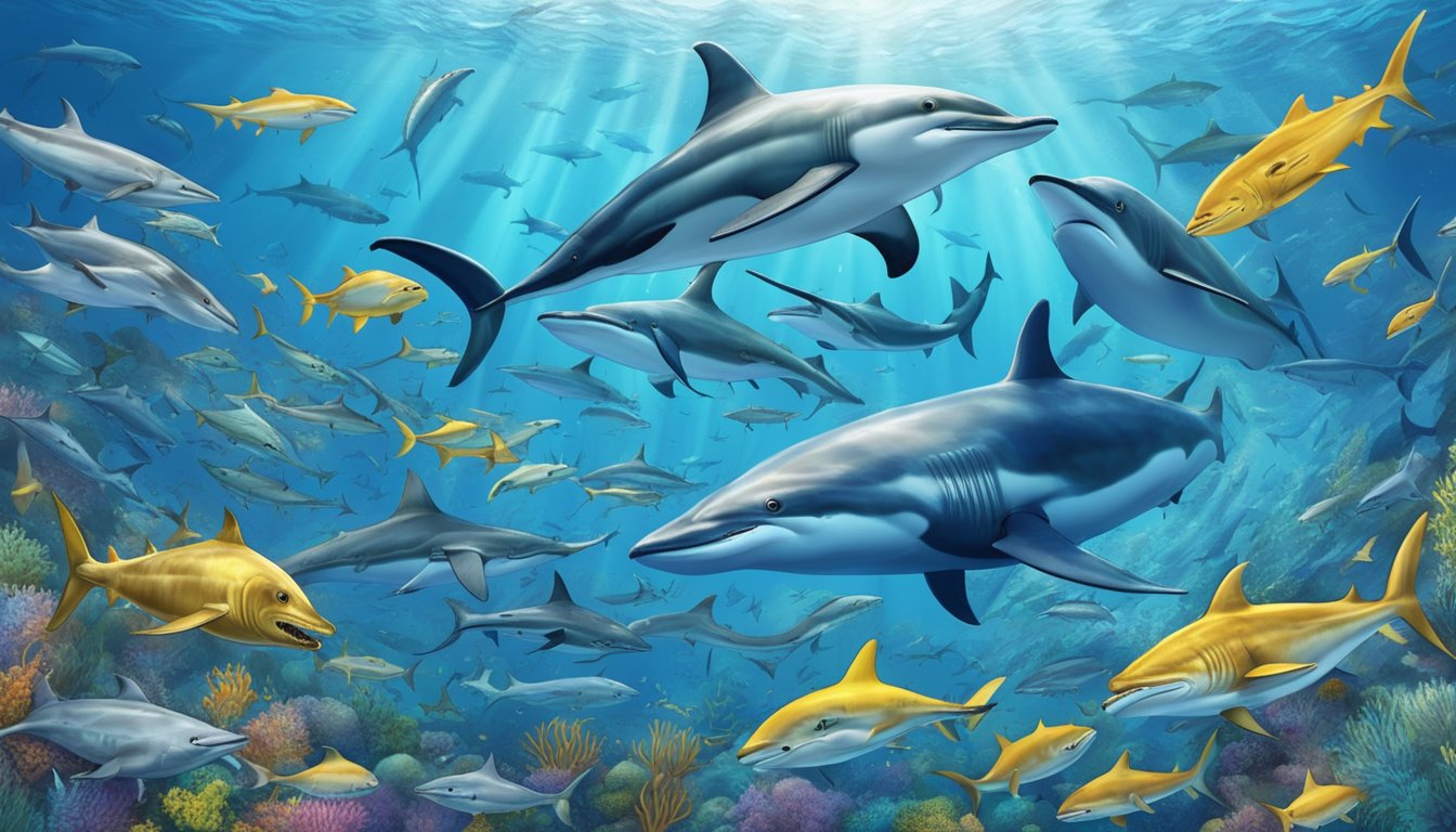 Various species, such as dolphins, sharks, and tuna, hunting and devouring blue marlin in a chaotic underwater frenzy