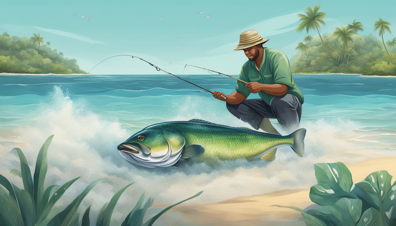 A fisherman expertly reels in a large omilu from the clear ocean waters, preparing to cook and eat the prized catch