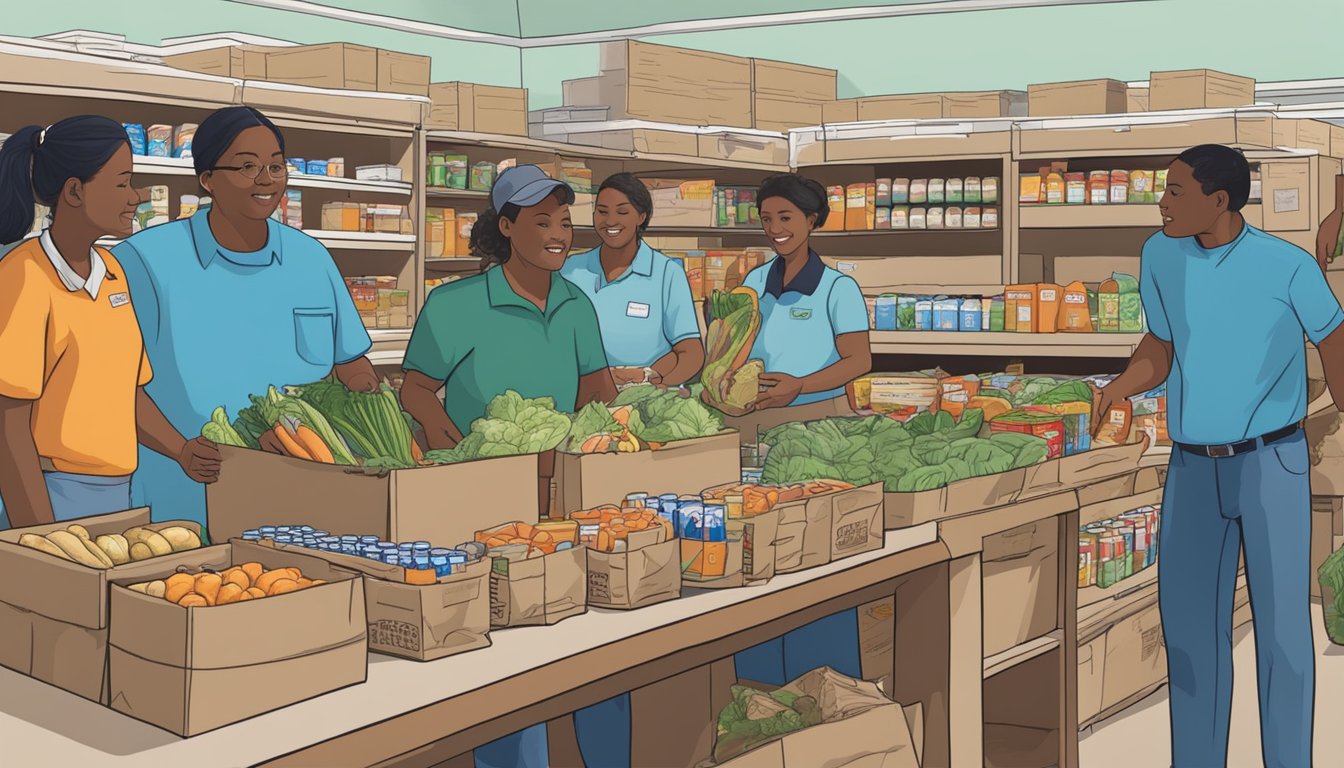 A bustling food pantry in Zavala County, Texas, with volunteers distributing free groceries to those in need