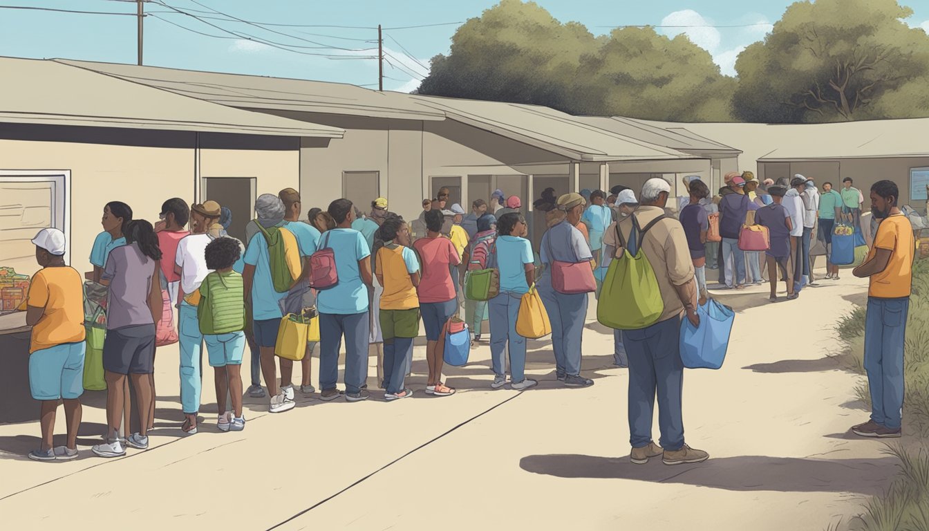 A line of people waits outside a small food pantry in Zavala County, Texas. Volunteers hand out bags of groceries to those in need