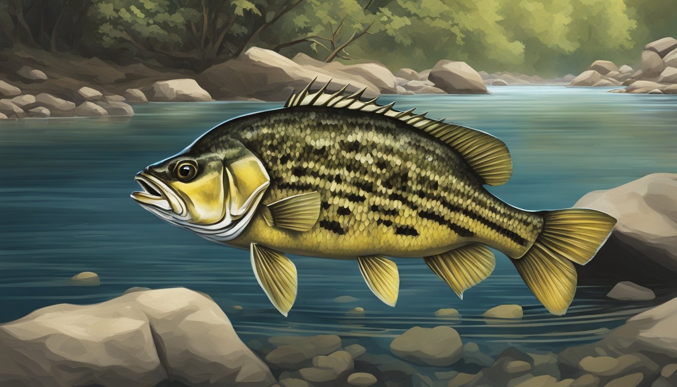 A rocky riverbed with a rock bass lurking in the shadows, pouncing on its prey and devouring it whole