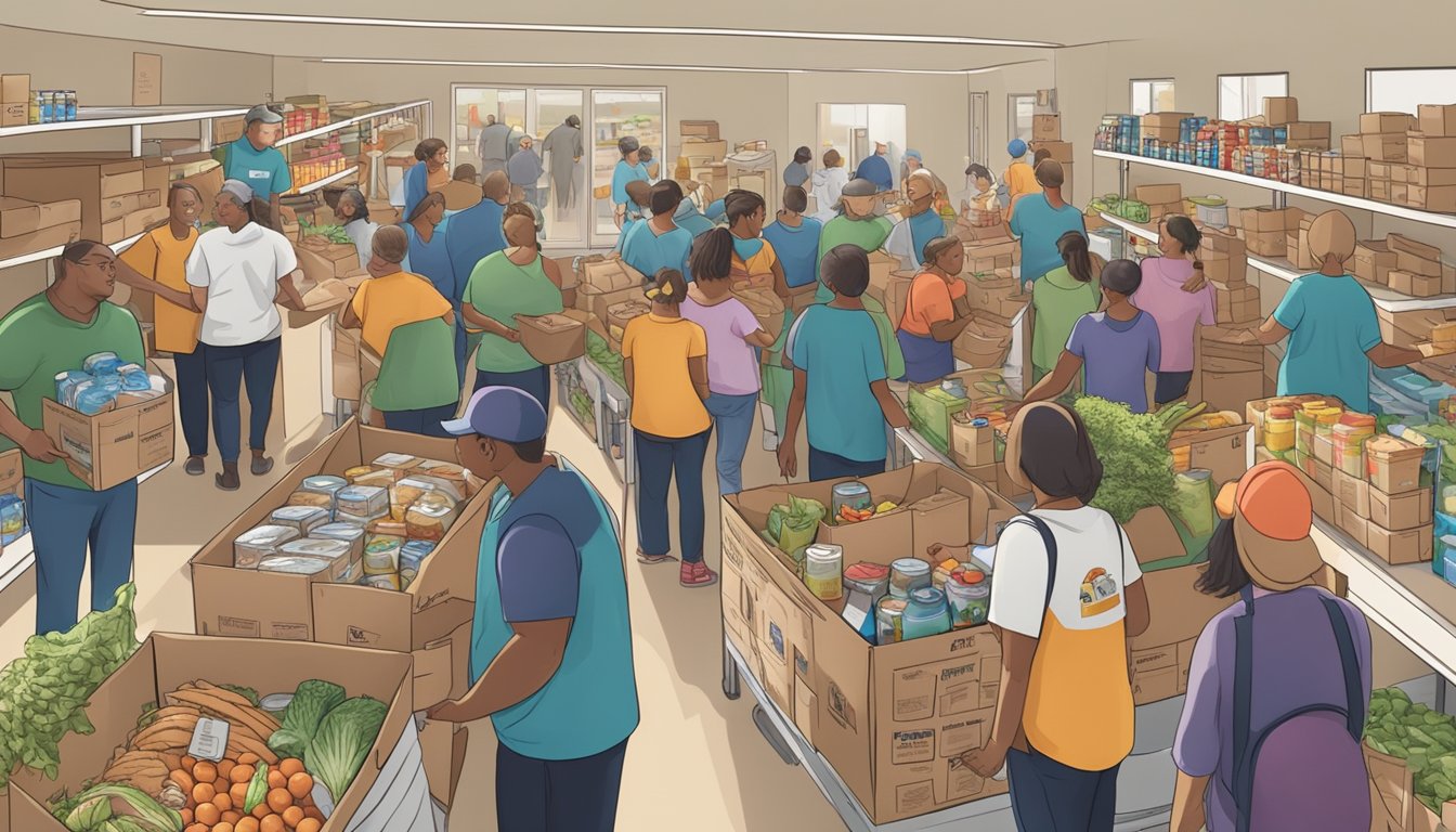 A bustling food pantry with volunteers distributing groceries to families in need