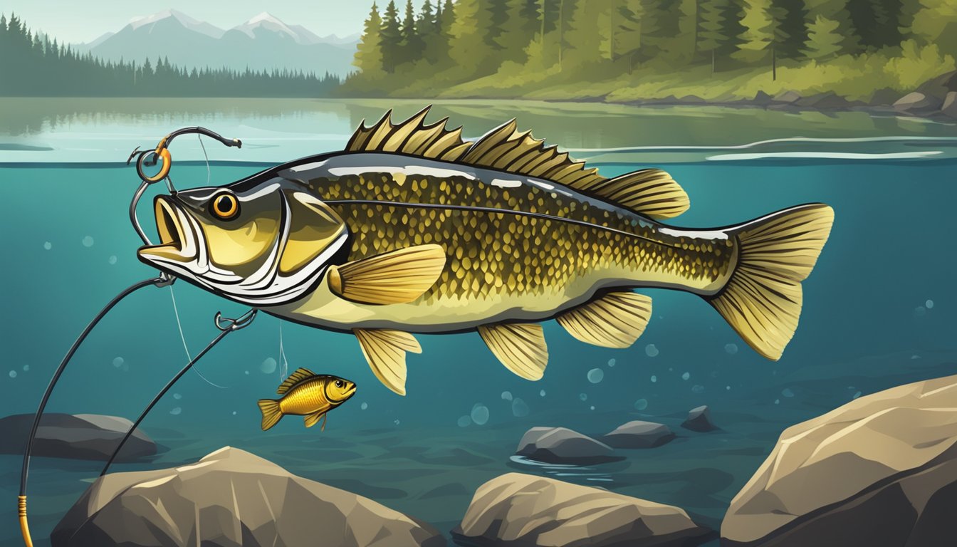 A fishing hook with a live worm is dropped into the water. A hungry rock bass swims up and bites the bait. It is then caught and later cooked over a campfire