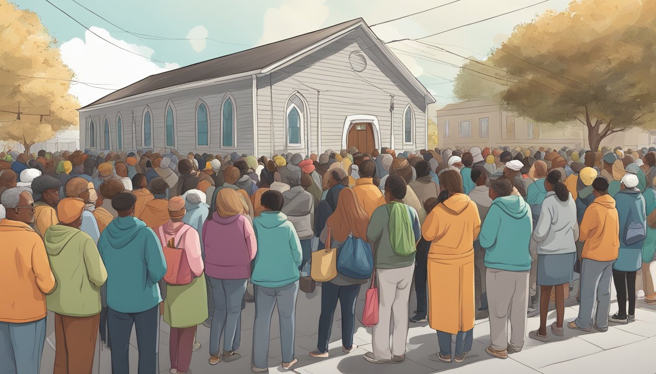 A line of people waits outside a local church, while volunteers distribute free groceries and food to those in need