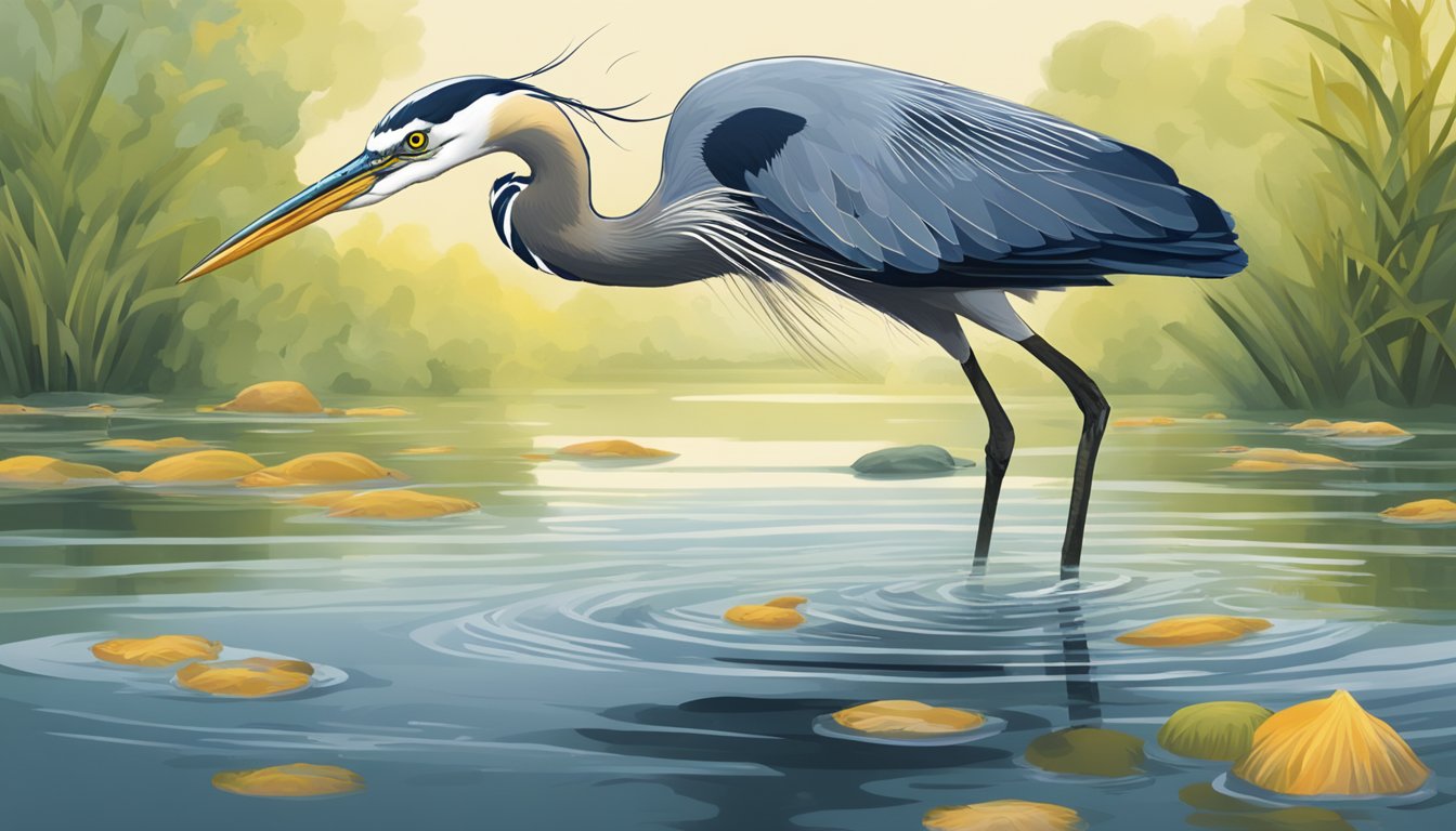 A heron standing in shallow water, poised to strike at a school of carp swimming just beneath the surface