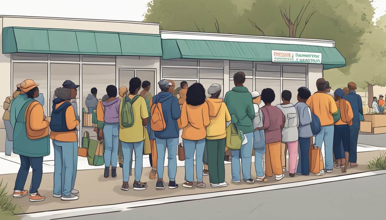 A line of people waiting outside a food pantry in Travis County, Texas, with volunteers distributing free groceries and important contact information