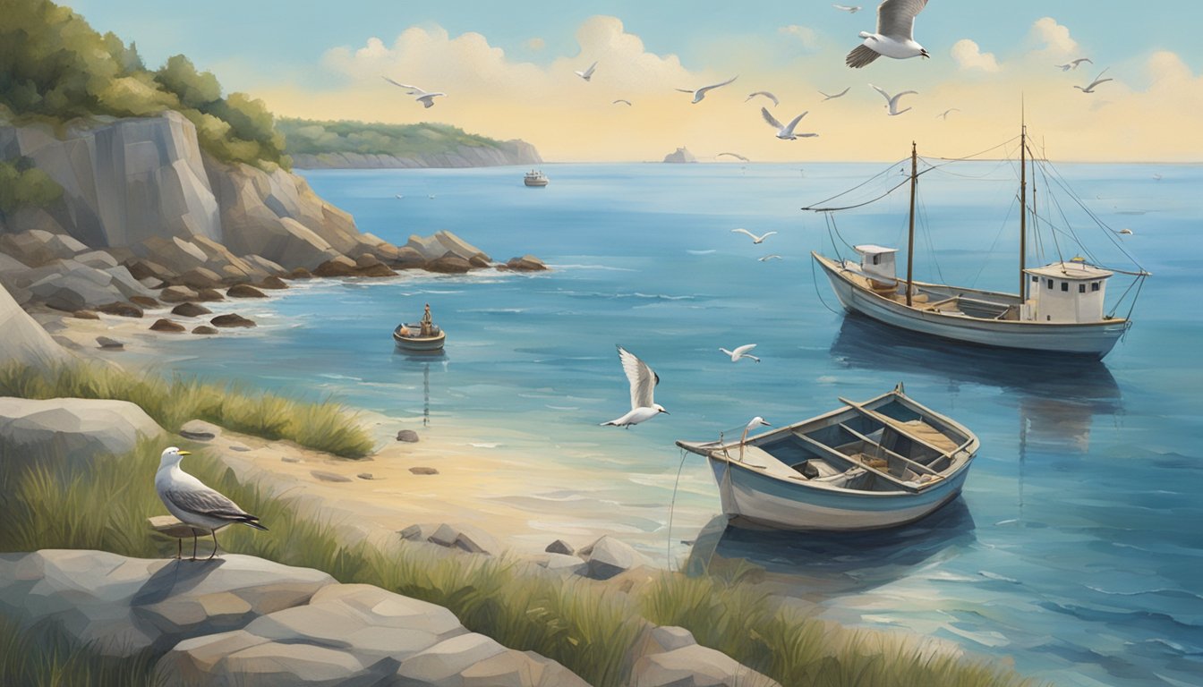 A serene coastal scene with a rocky shoreline, calm blue waters, and a few fishing boats anchored nearby. Seagulls circle overhead as a porgy is reeled in by a fisherman