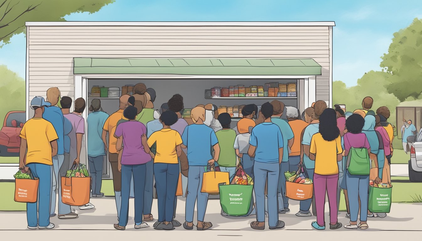 A line of people waits outside a small food pantry in Wharton County, Texas. Volunteers hand out bags of groceries to those in need