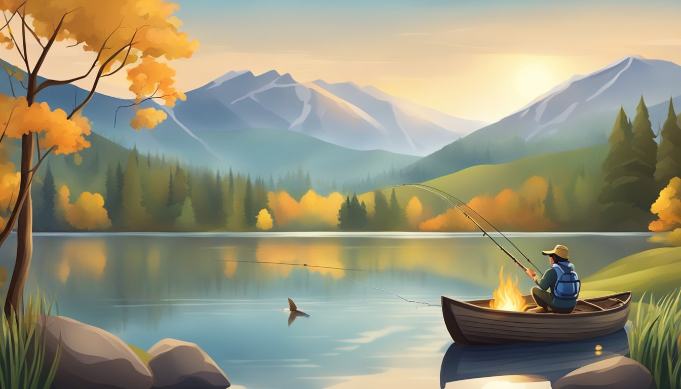 A serene lake with a fishing rod and net, a caught carp, and a campfire for cooking