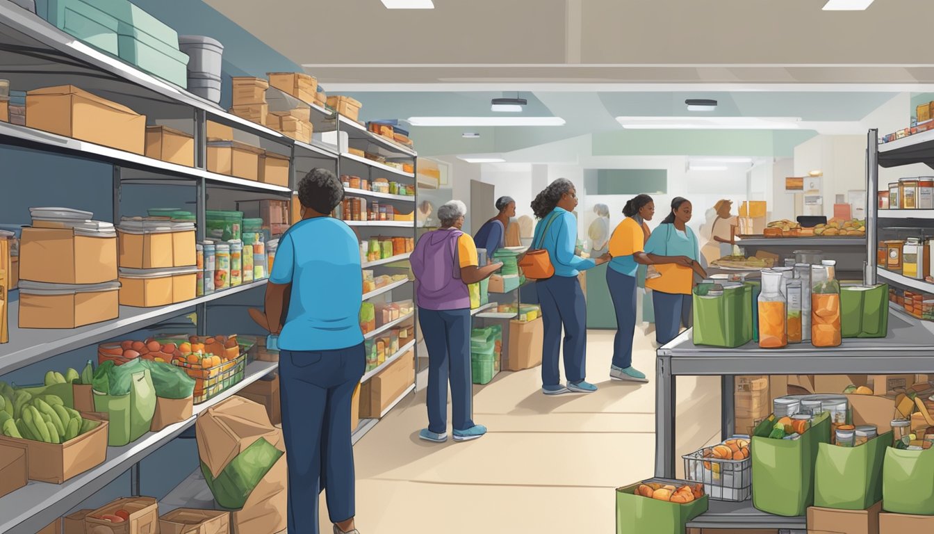 A bustling food pantry in Wharton County, Texas, with shelves stocked full of free groceries and volunteers helping those in need