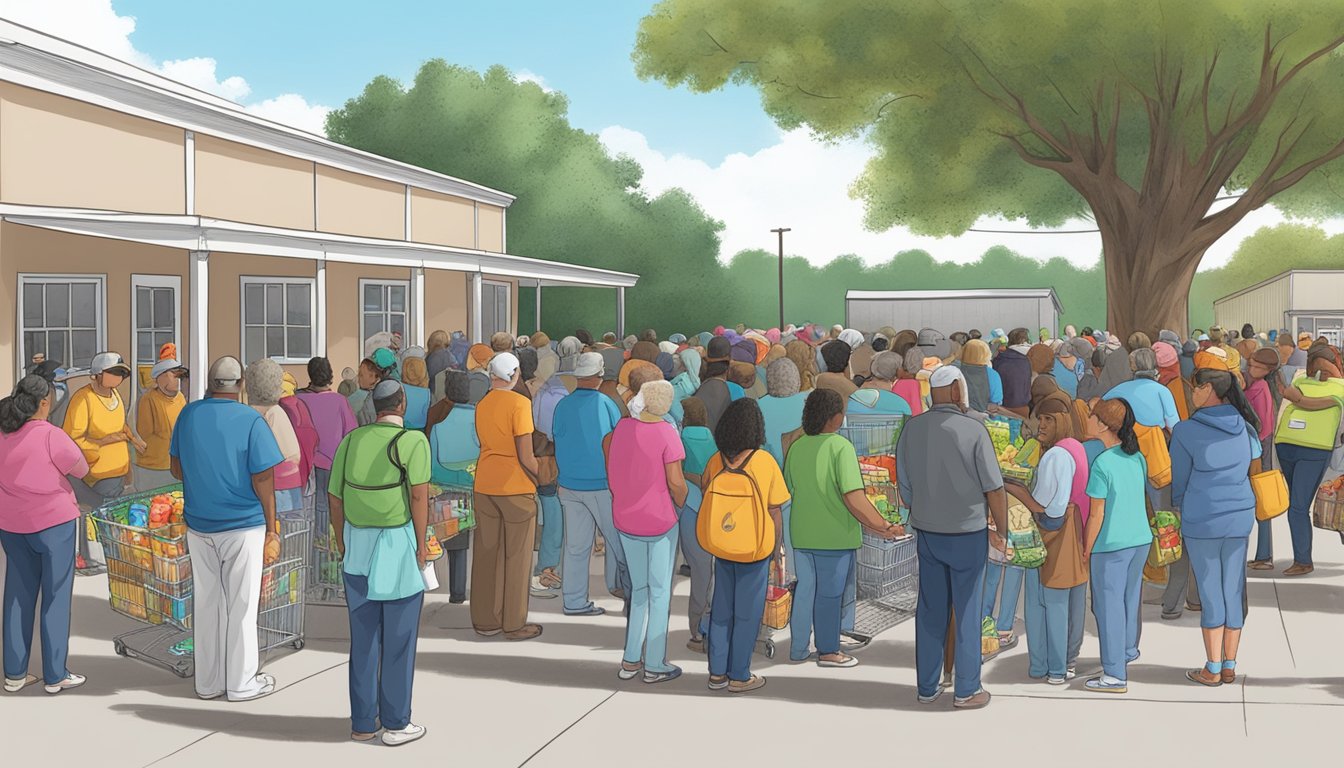 A line of people waiting outside a food pantry in Wharton County, Texas, with volunteers distributing free groceries to those in need