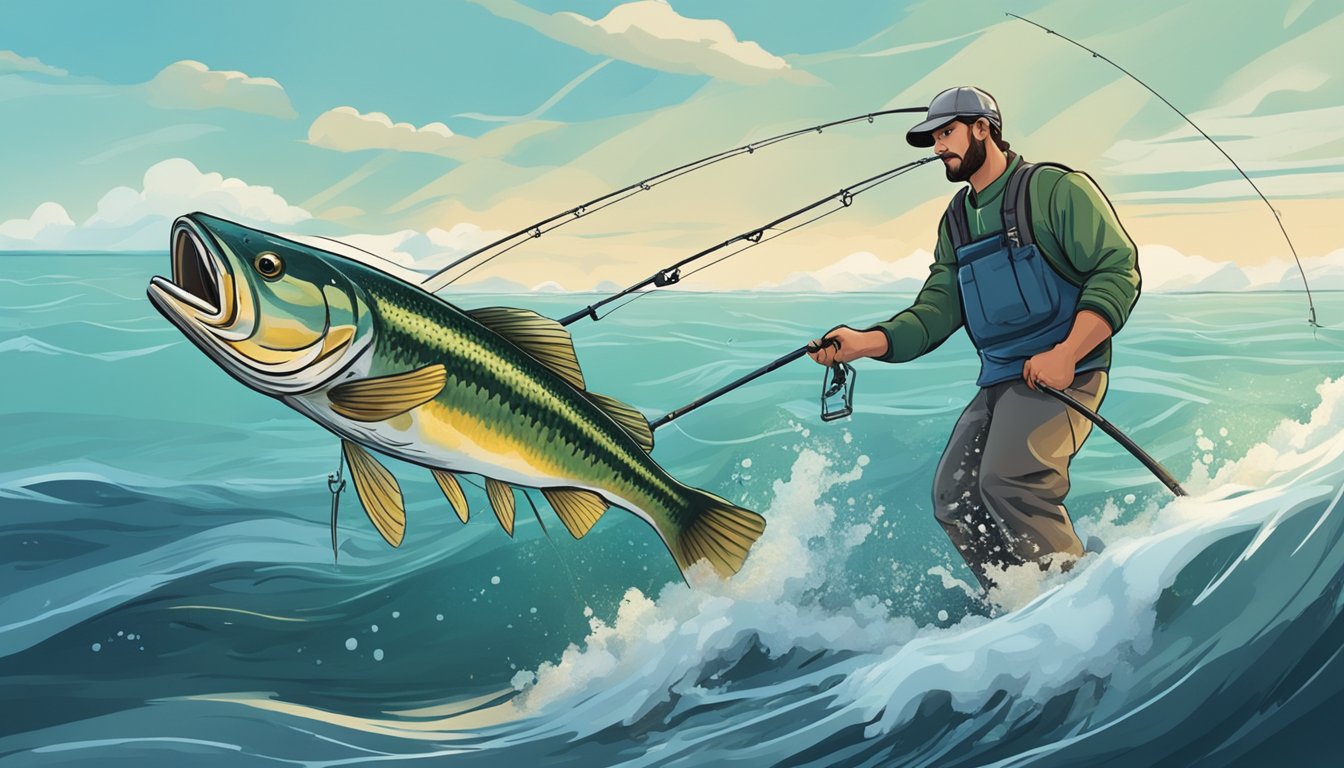 A fisherman baits a hook with a fresh piece of bait and casts a line into the deep, choppy waters of the ocean, hoping to catch a lingcod