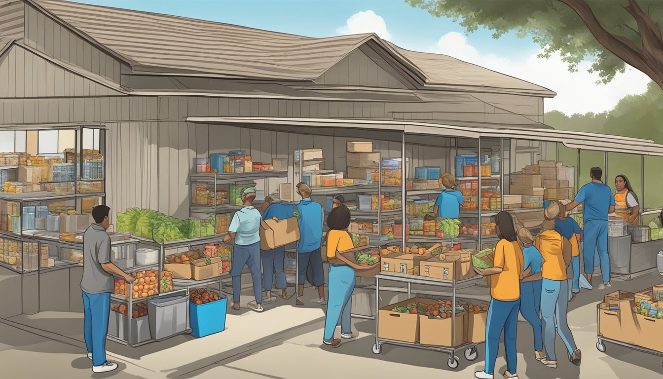 A bustling food pantry in Wharton County, Texas, with volunteers distributing free groceries to those in need