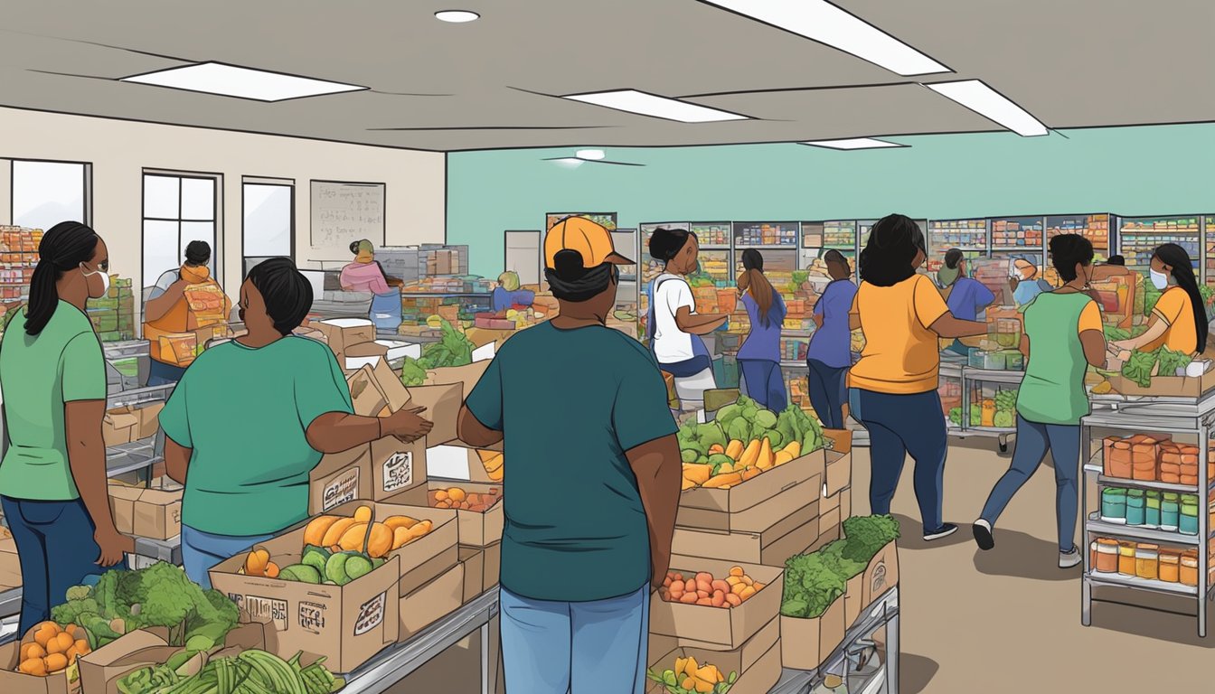 A bustling food pantry in Wharton County, Texas, with volunteers distributing free groceries to those in need