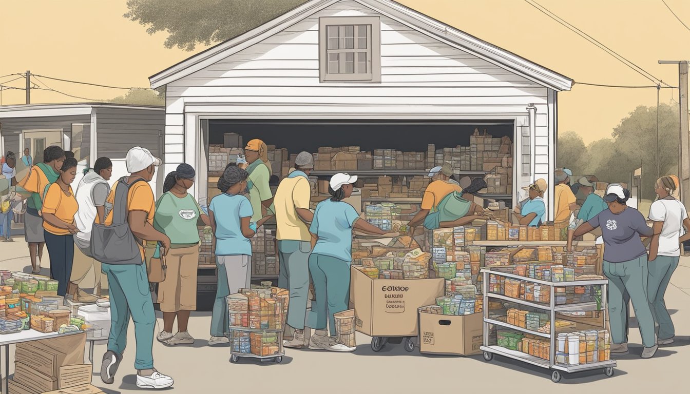 A bustling food pantry in Wharton County, Texas, with volunteers distributing free groceries to those in need, strengthening food security in neighboring counties