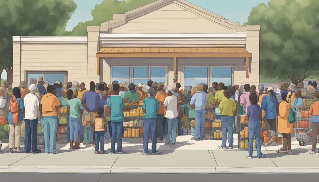 A line of people waiting outside a food pantry in Wichita County, Texas, with volunteers distributing free groceries