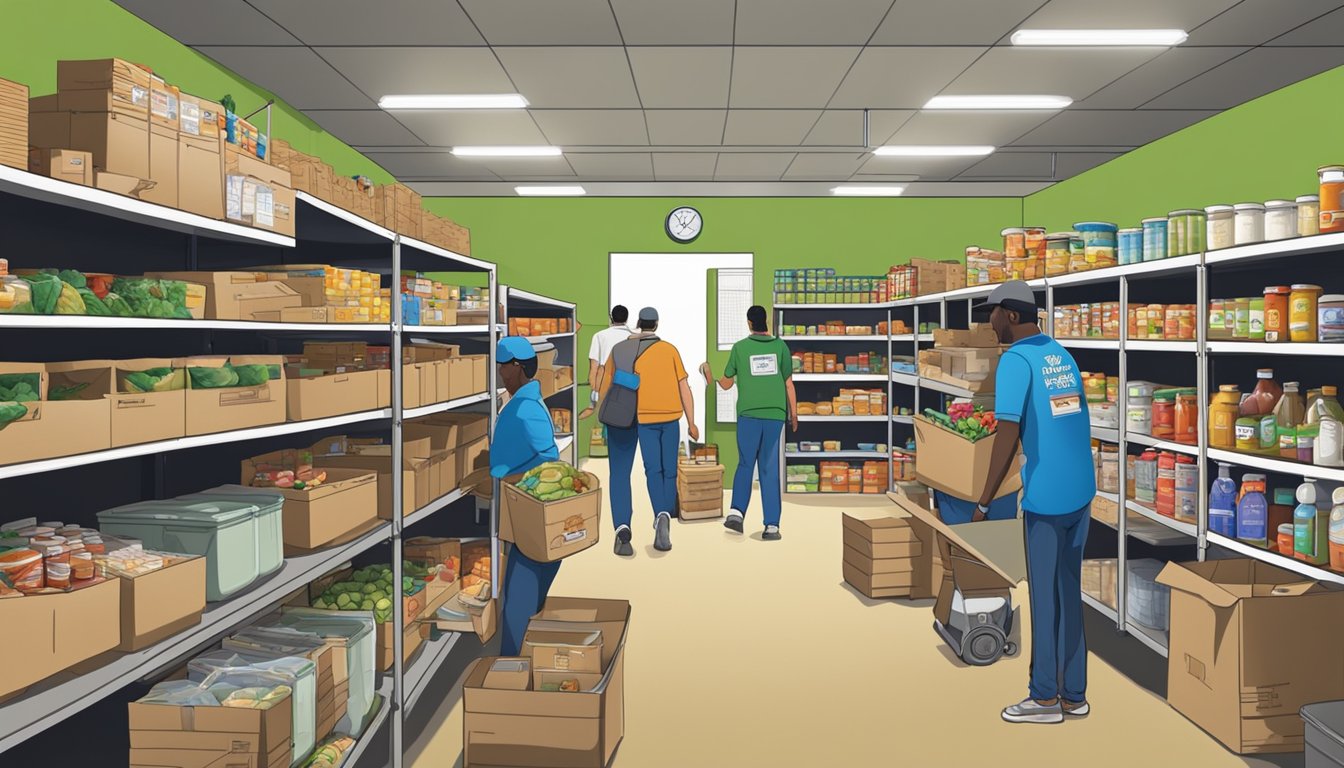 A bustling food pantry in Wichita County, Texas, with shelves stocked full of groceries and volunteers helping those in need