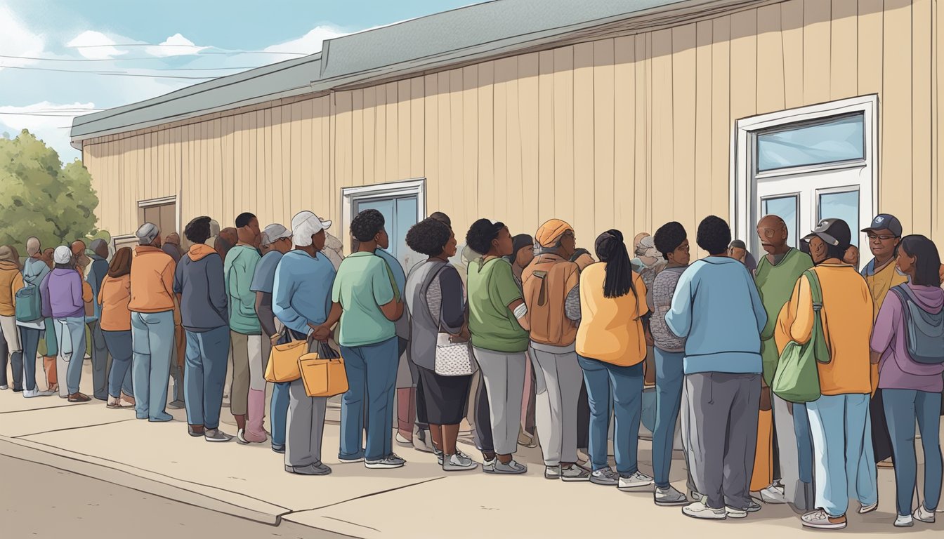 A diverse group of people wait in line outside a food pantry, while volunteers distribute free groceries and emergency food assistance in Wichita County, Texas