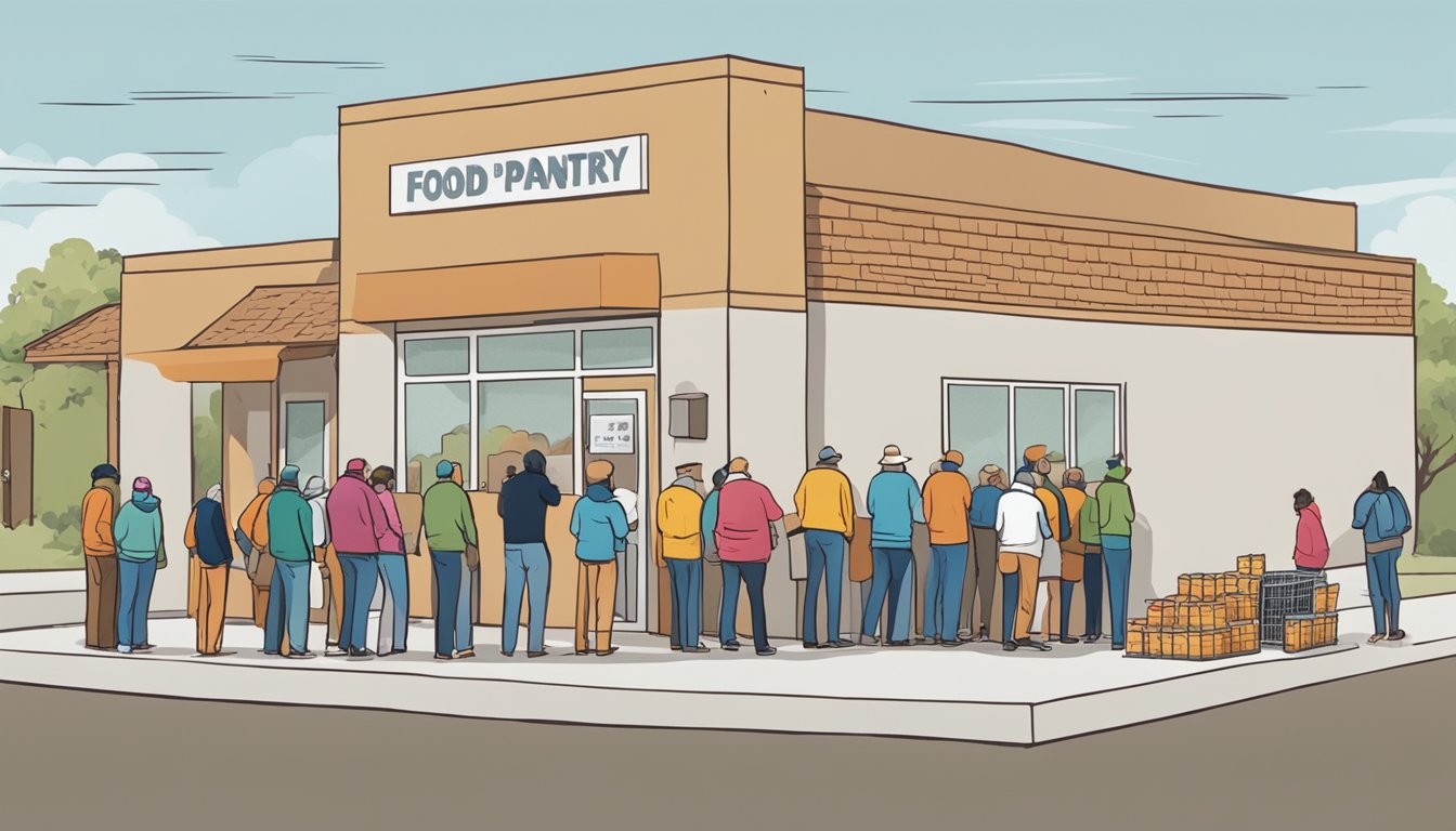 A line of people waits outside a food pantry in Wichita County, Texas. Volunteers distribute free groceries to those in need