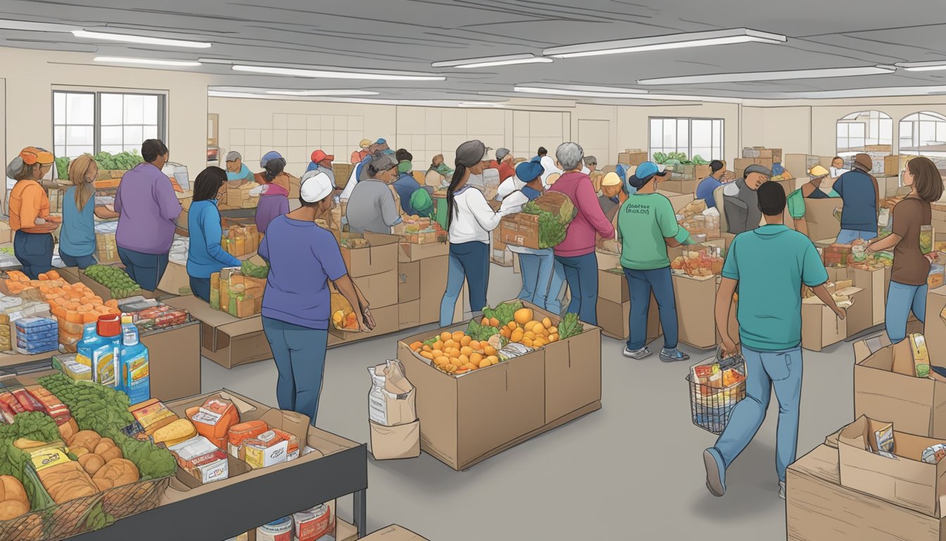 A bustling food pantry in Wichita County, Texas, with volunteers distributing free groceries to those in need