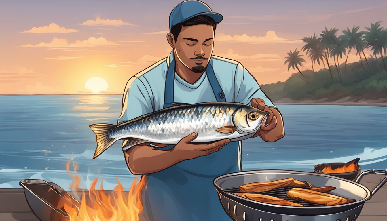 A person catching and grilling milkfish over an open flame by the sea