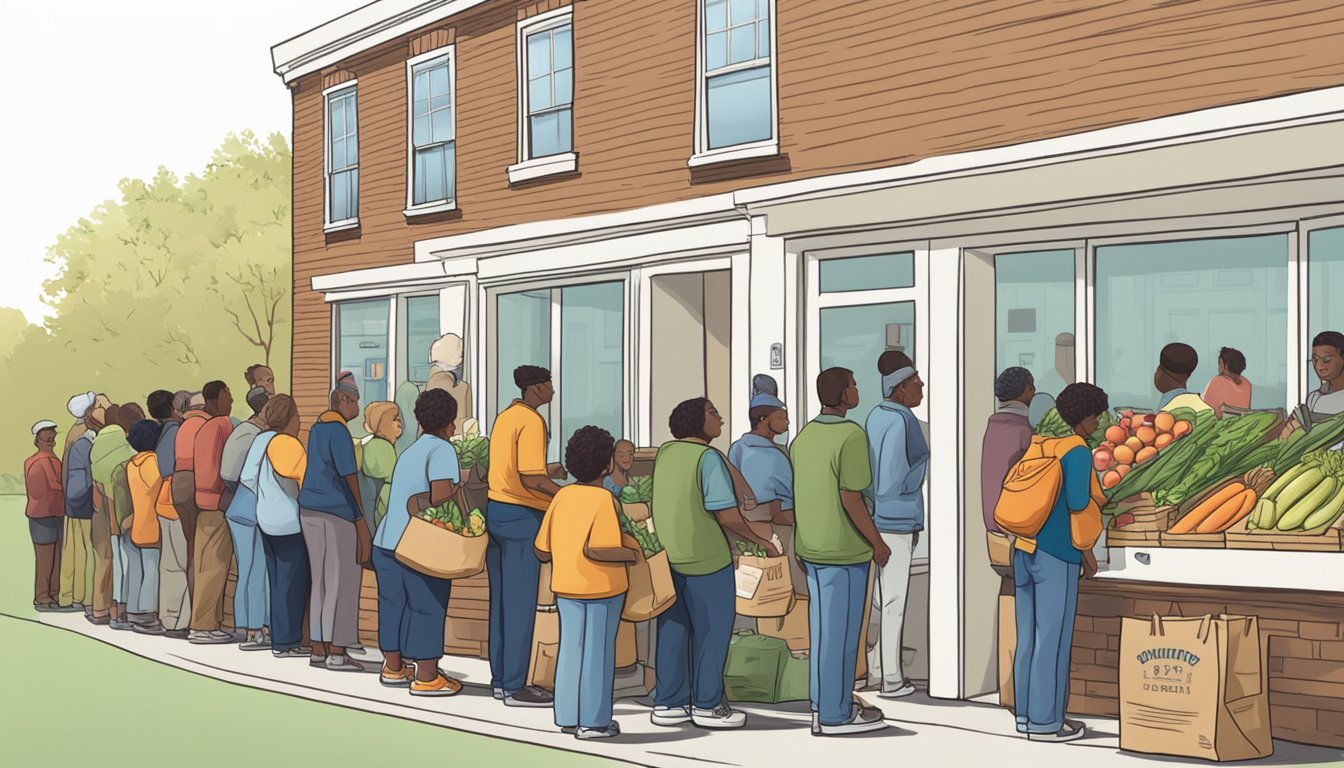 A line of people waiting outside a food pantry, with volunteers handing out bags of groceries and fresh produce