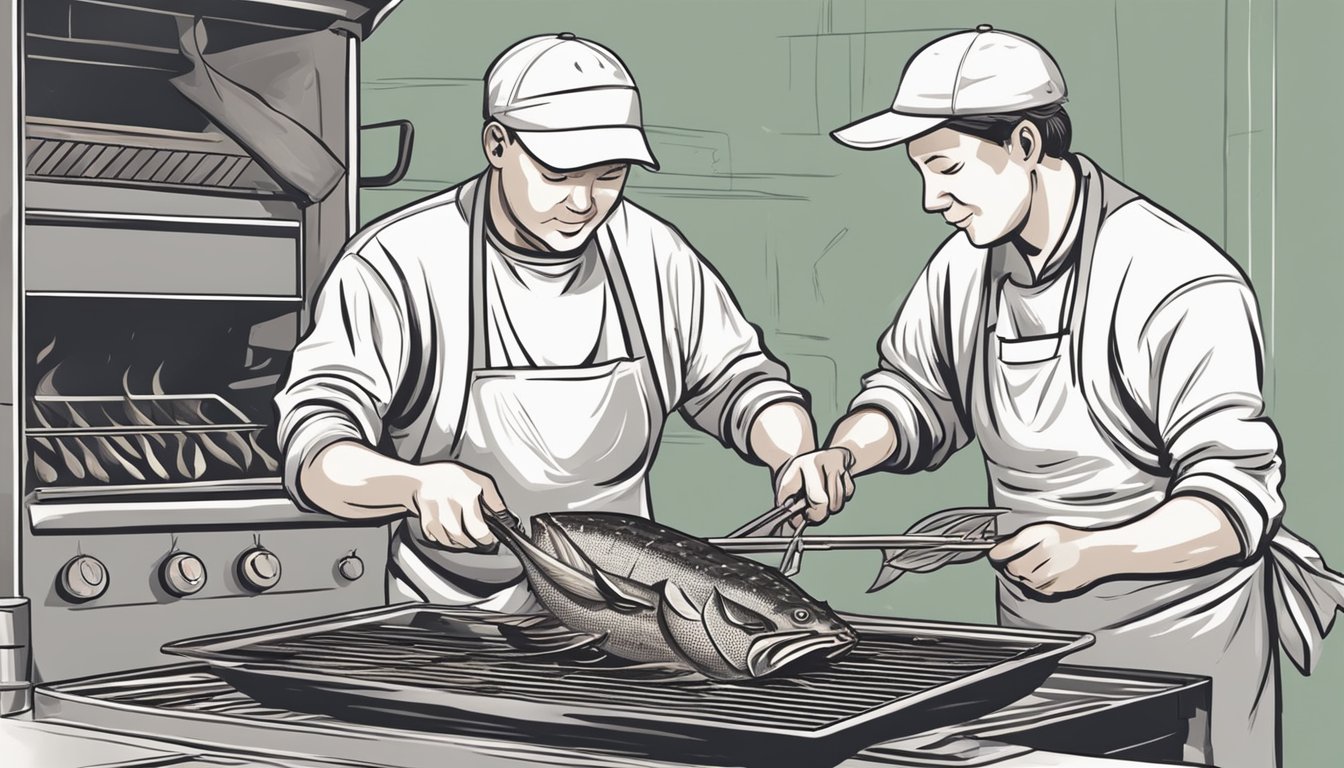 A person prepares and cooks a freshly caught flathead catfish over an open flame. They carefully clean and season the fish before placing it on the grill