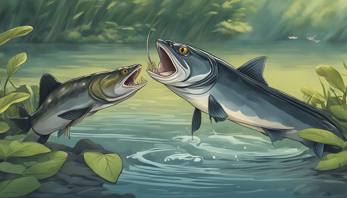 A catfish with a wide mouth is caught in a river, while another catfish with a flattened head is shown being eaten