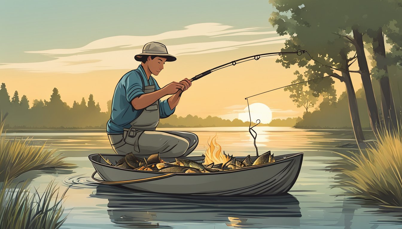 A person using a fishing rod to catch a catfish from a calm river, then preparing and cooking the fish over an open flame