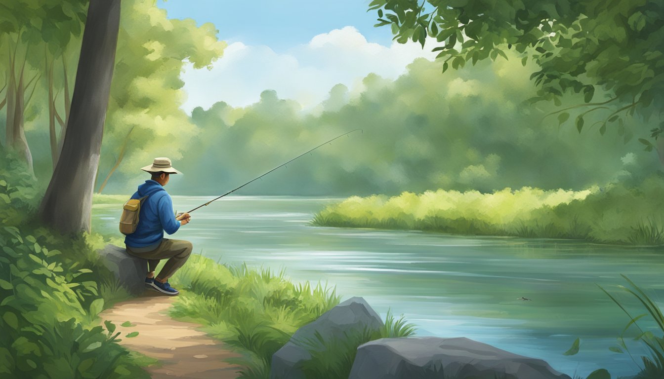 A serene riverbank with a person fishing for blue catfish, surrounded by lush greenery and wildlife