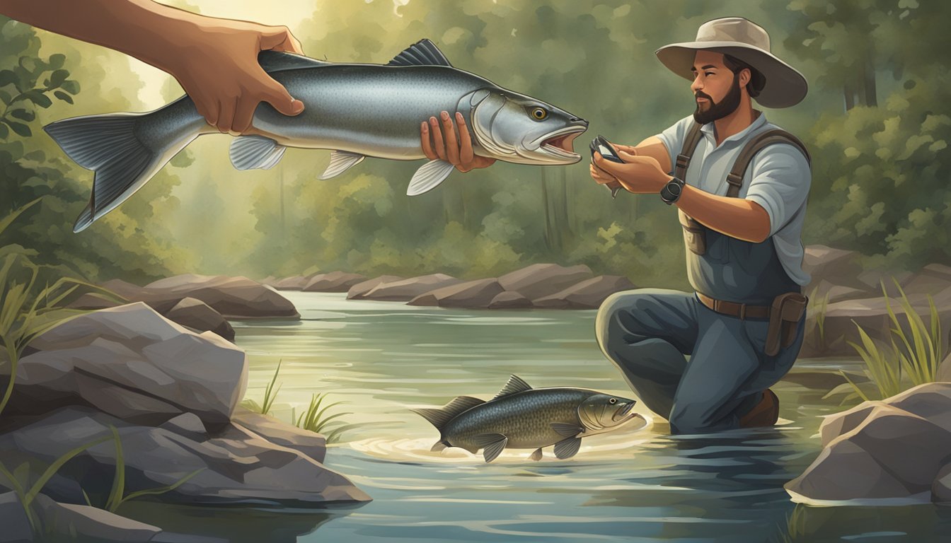 A person holding a freshly caught catfish, surrounded by a rustic fishing scene with a conservationist releasing smaller fish back into the water