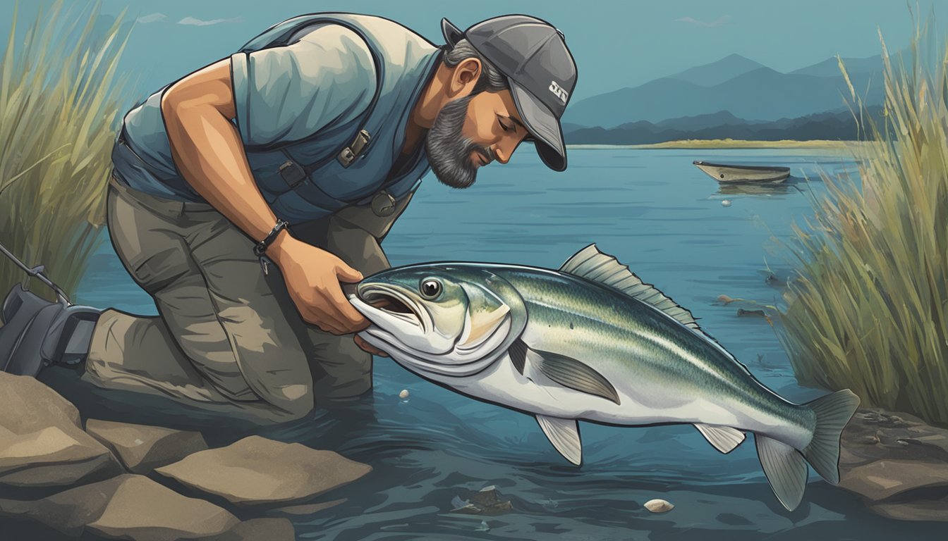 A fisherman selects bait, catches a bluefish, and prepares to eat it